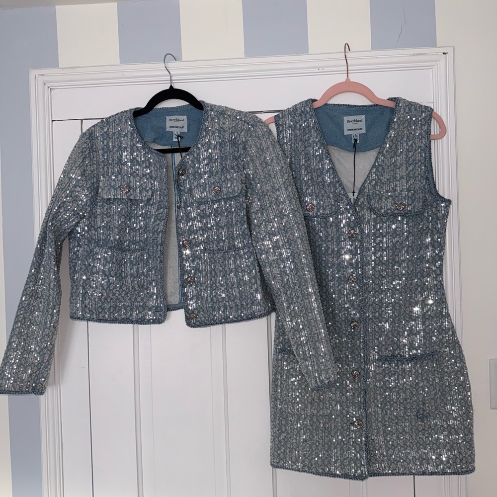 River island Jean Sequin Jacket and Dress Set